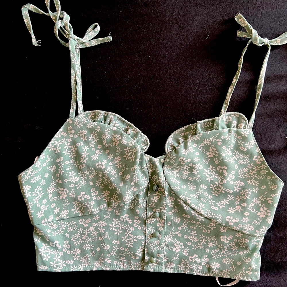 Boutique Floral Print Bustier Tie Strap Crop Top Size Small Seafoam Green